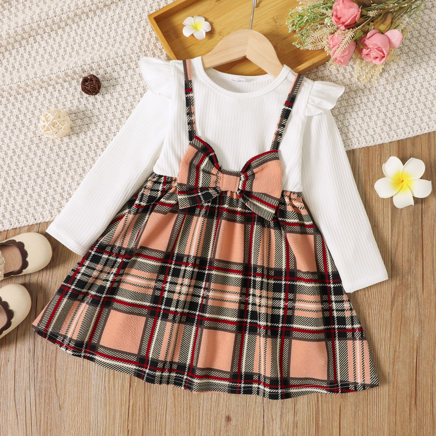 

Toddler Girl Faux-two Ruffle and Bow Decor Plaid Print Long-sleeve White Dress