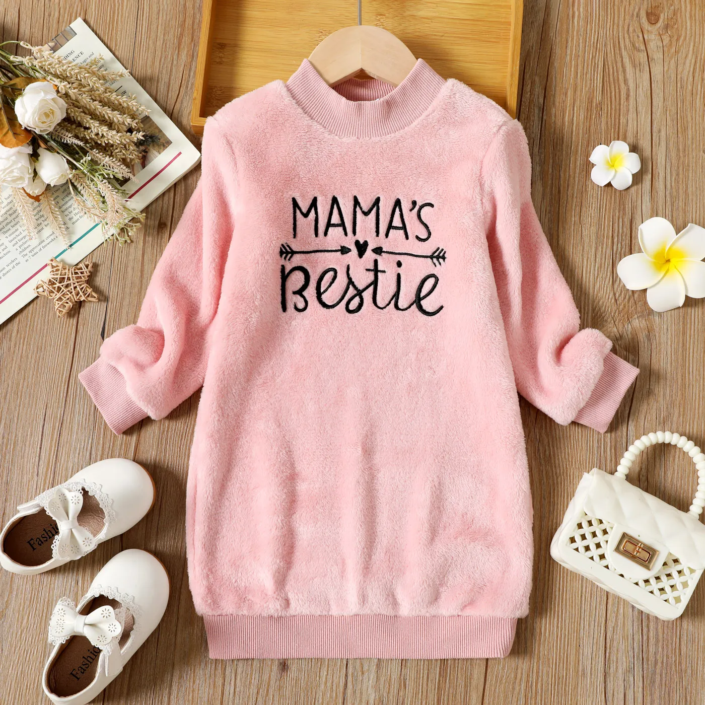 Toddler Girl Letter Embroidered Fleece Mock Neck Long-sleeve Pink Sweatshirt Dress  big image 1