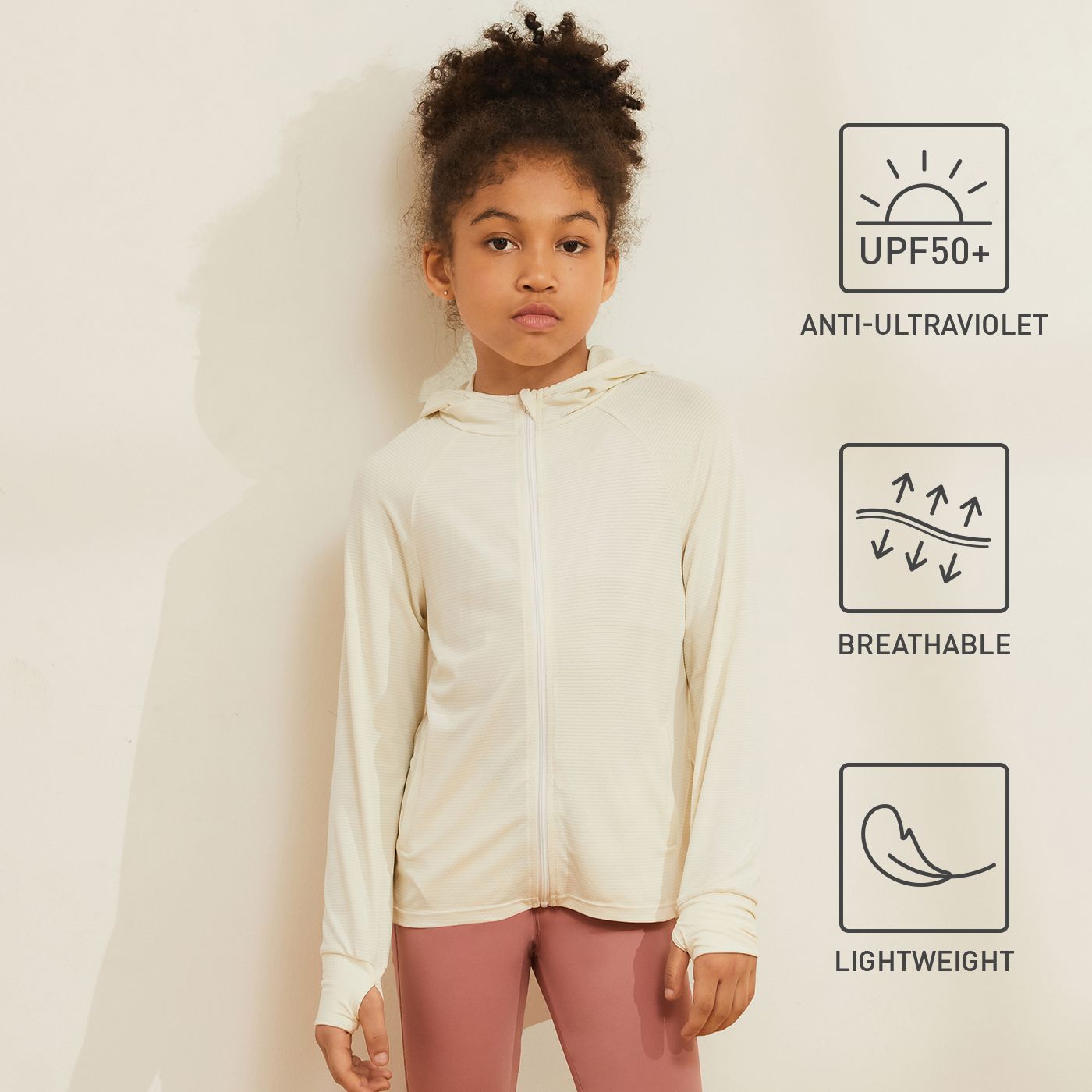

Activewear Anti-UV Kid Boy/Kid Girl Solid Color Sun Protection Zipper Hooded Jacket