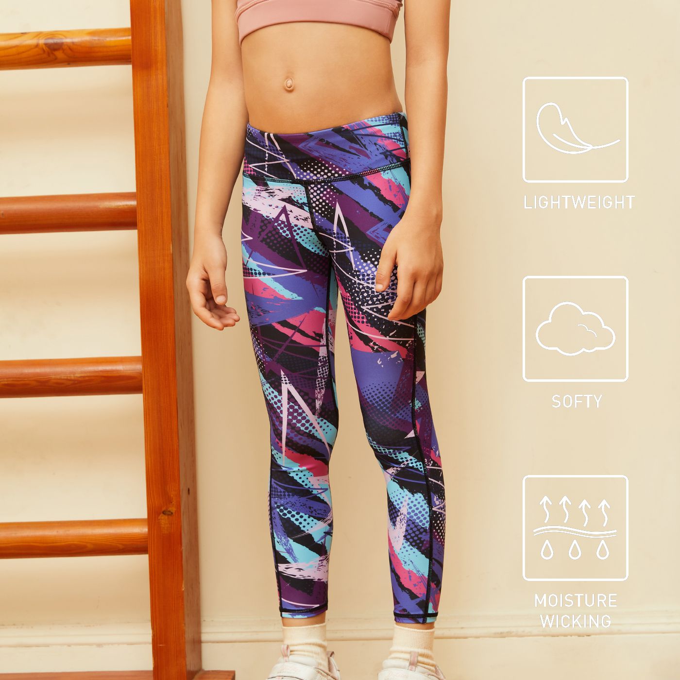 Activewear Polyester Spandex Fabric Kid Girl Colorblock Geo Print Quick Dry Elasticized Leggings
