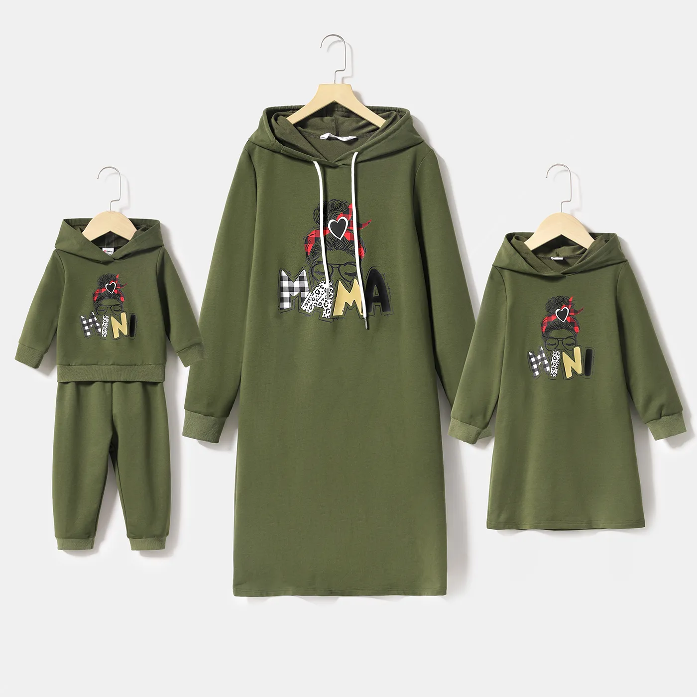 

Mommy and Me Figure & Letter Print Green Long-sleeve Hoodie Dress