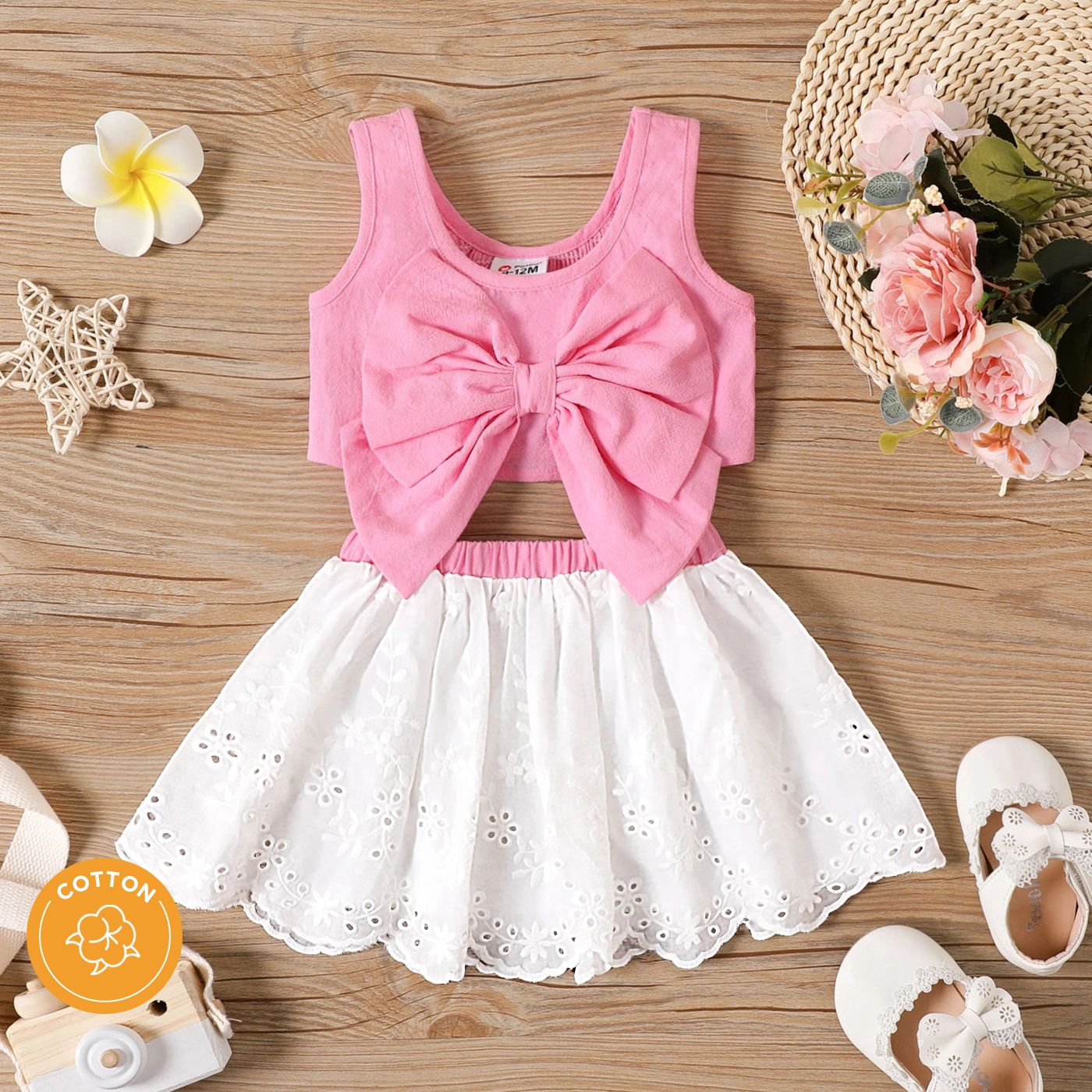 

2pcs Baby Girl 100% Cotton Bow Front Tank Crop Top and Eyelet Embroidered Skirt Set