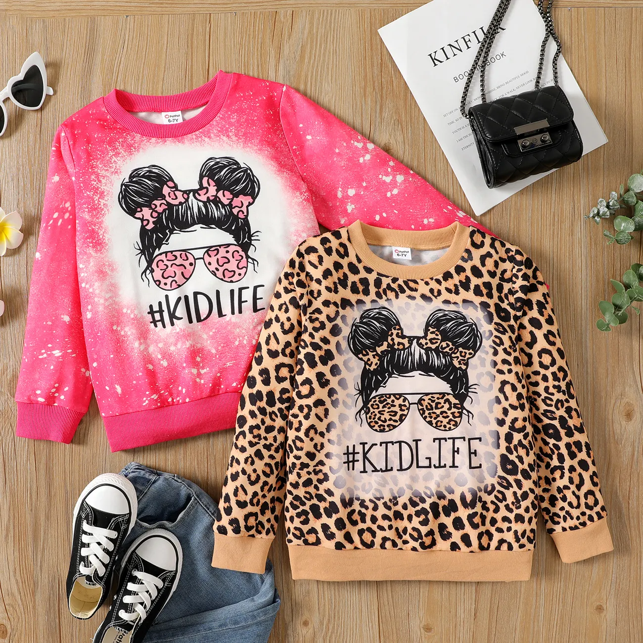 Kid Girl Cartoon Tie Dyed/ Leopard Print Pullover Sweatshirt Hot Pink big image 1