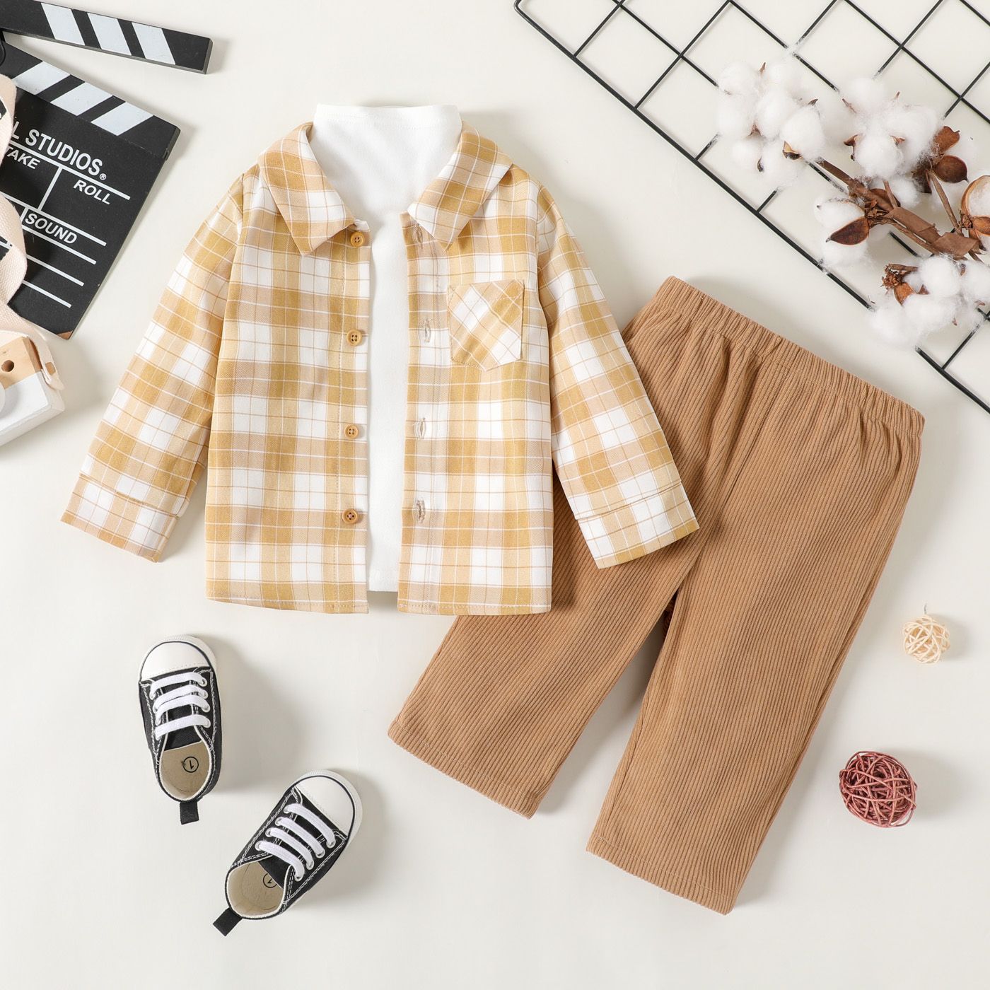 

3pcs Baby Boy Solid Mock Neck Long-sleeve Tee and Plaid Shirt with Pants Set