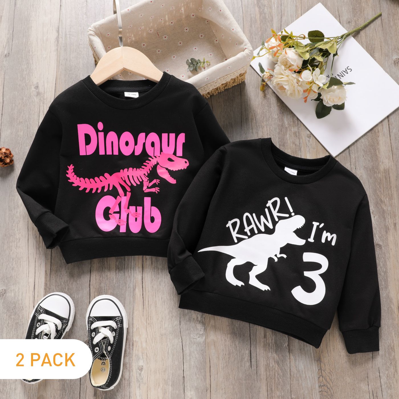 

2-Pack Toddler Boy Animal Dinosaur Letter Print Pullover Sweatshirt