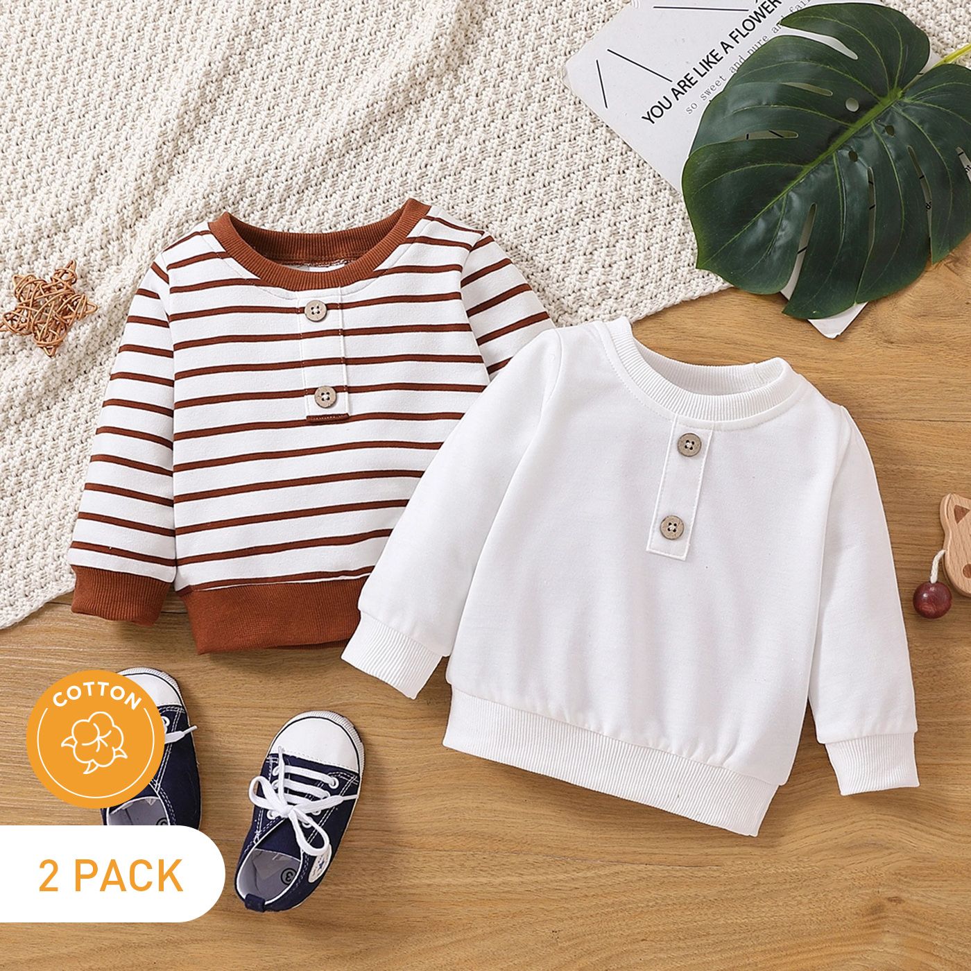 

2-Pack Baby Boy/Girl 100% Cotton Solid and Striped Long-sleeve Pullover Sweatshirts Set
