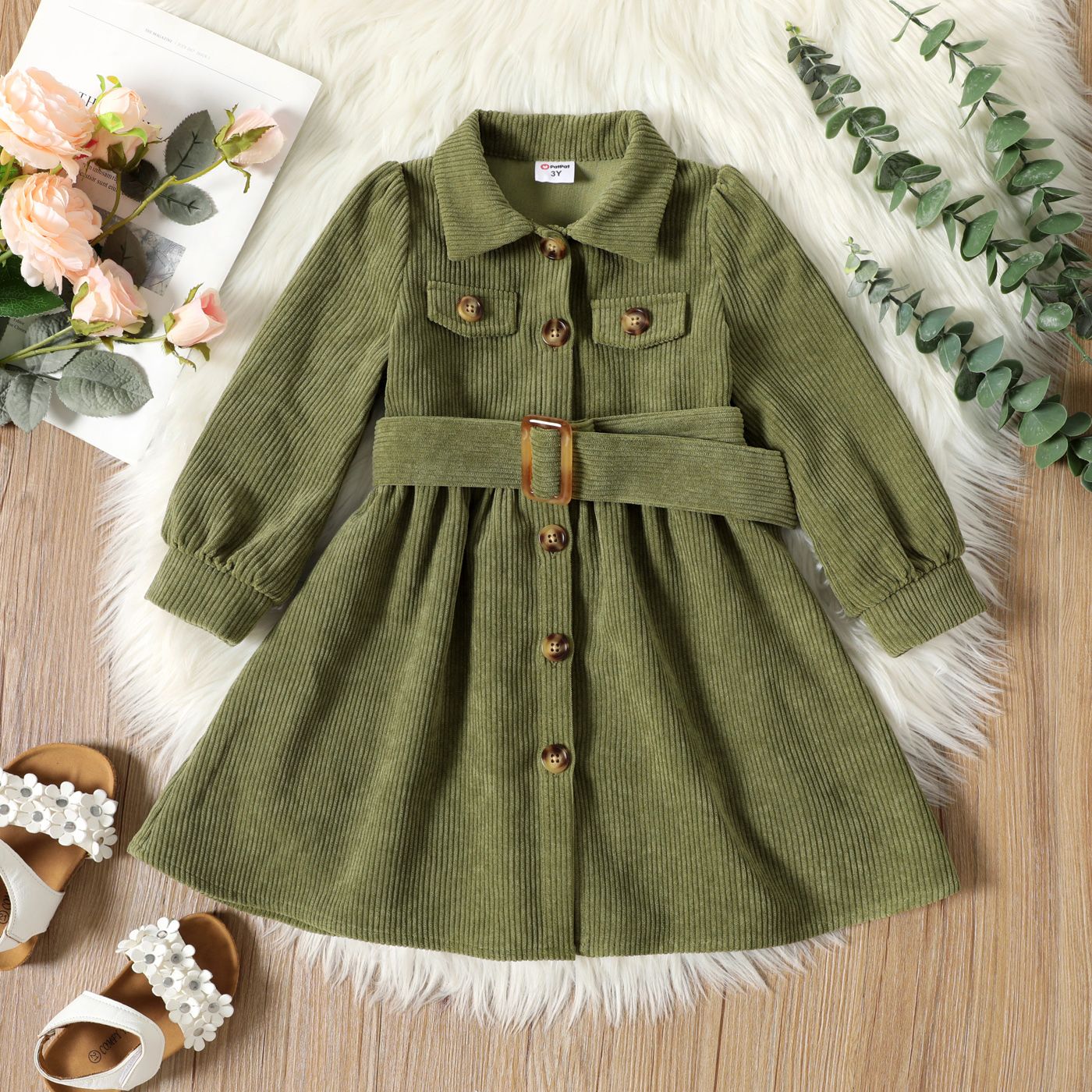 

Toddler Girl Solid Color Lapel Collar Button Design Belted Dress