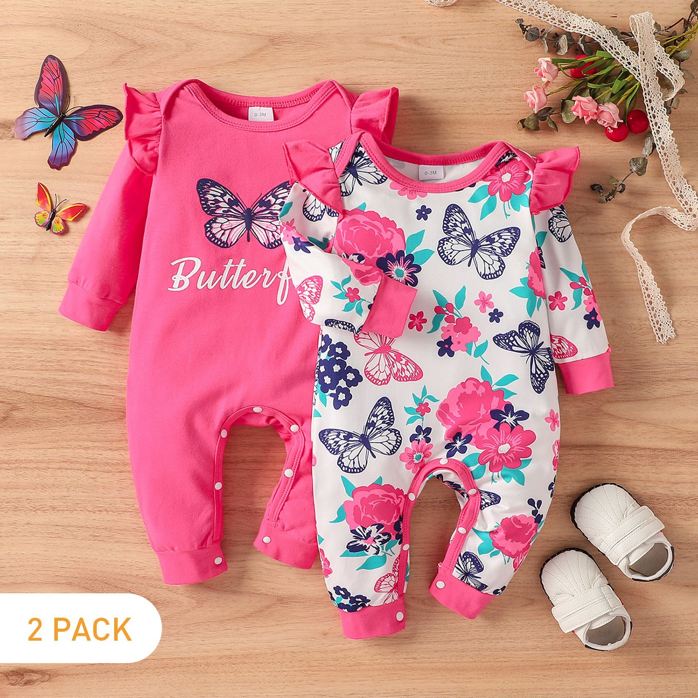 

2-Pack Baby Girl 95% Cotton Ruffle Long-sleeve Butterfly Print Jumpsuits Set