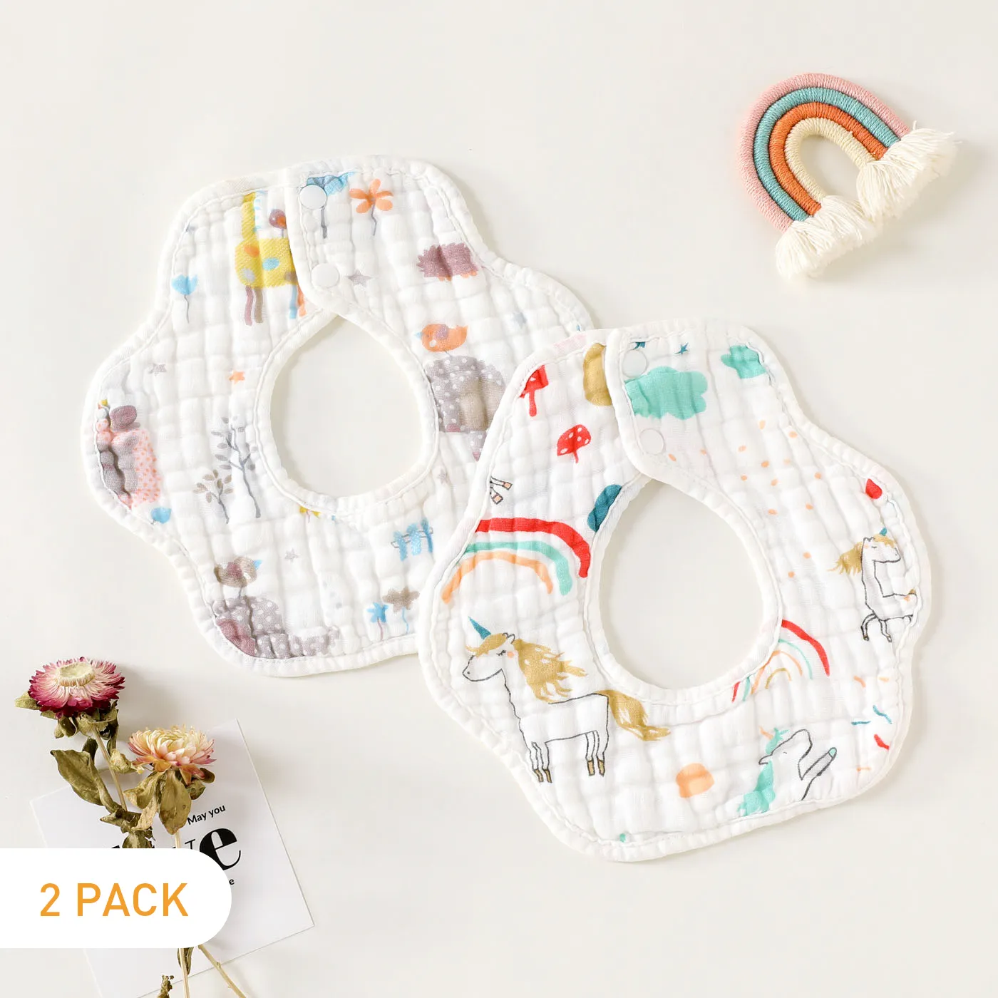 2-pack Baby Cotton Bibs Petal Shape 8-layer Bandana Drool Bibs for Feeding & Drooling & Teething