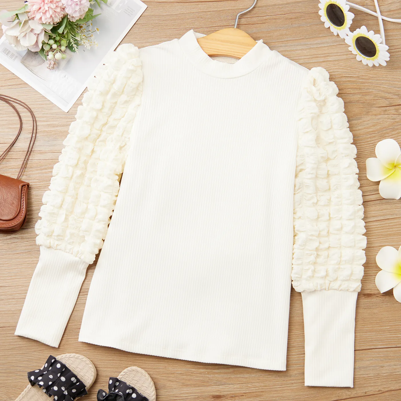 Kid Girl Textured Long Puff-sleeve Mock Neck Solid Color Tee OffWhite big image 1