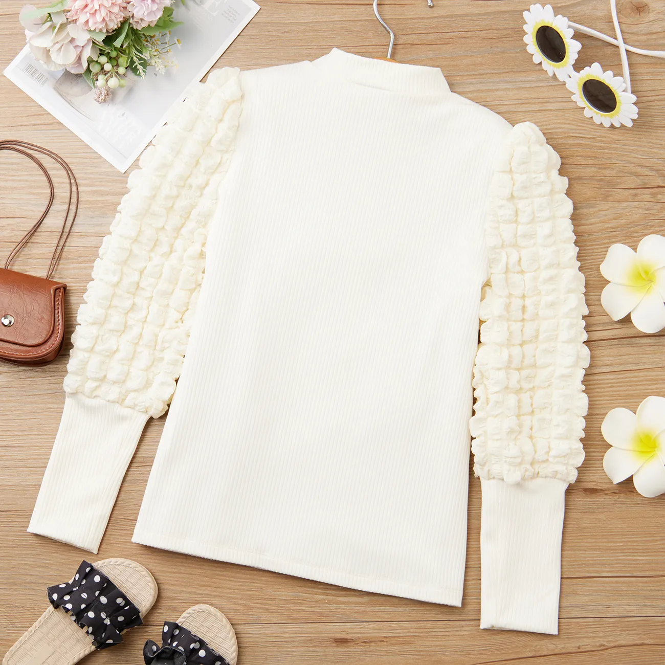 Kid Girl Textured Long Puff-sleeve Mock Neck Solid Color Tee OffWhite big image 1