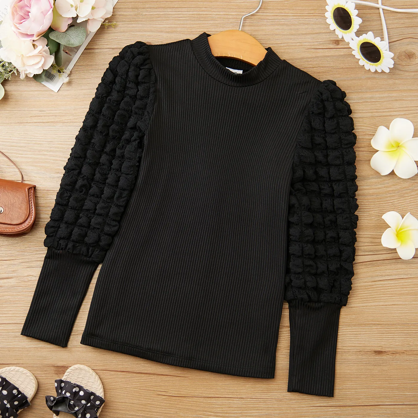Kid Girl Textured Long Puff-sleeve Mock Neck Solid Color Tee Black
