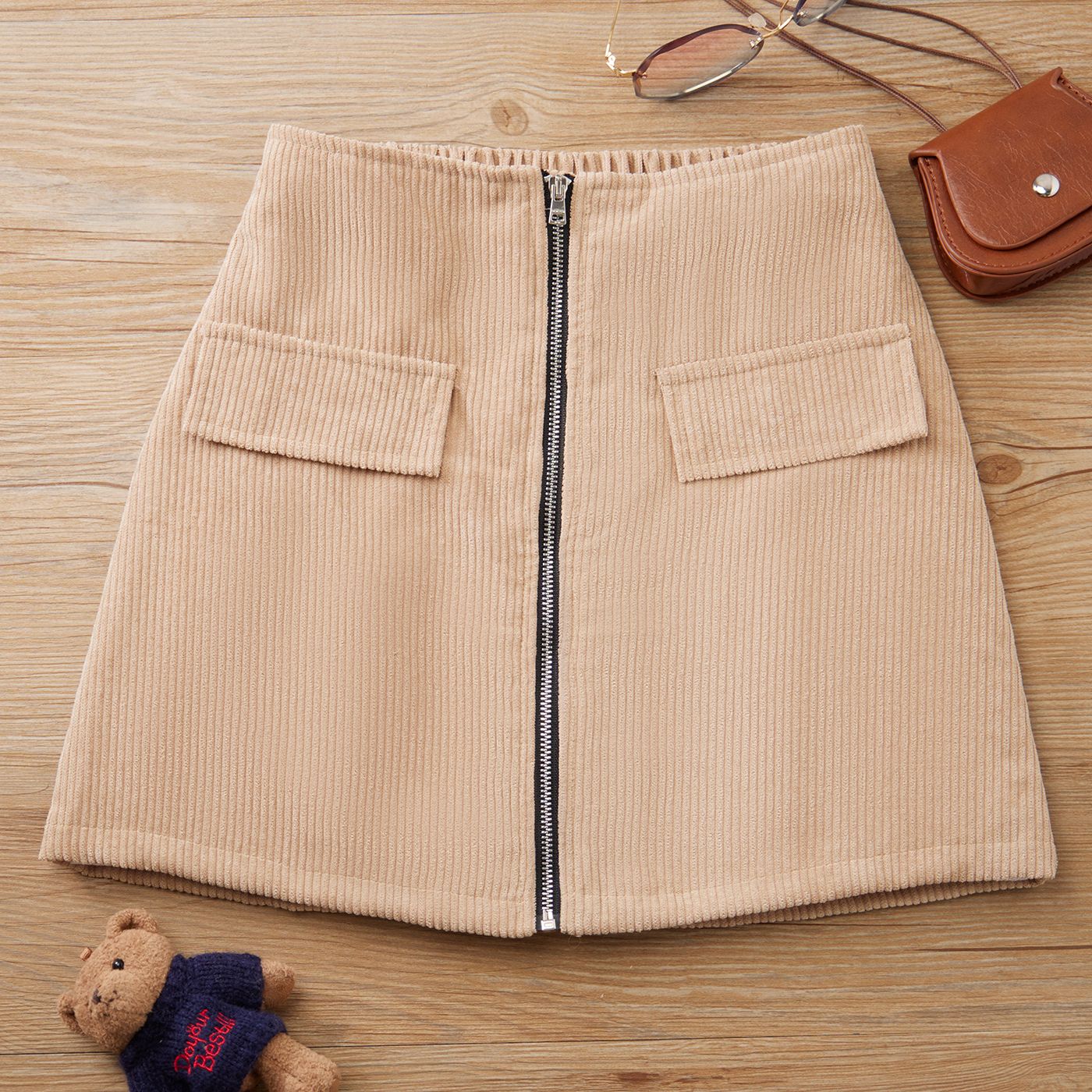 

Kid Girl Solid Color Zipper Design Corduroy Skirt