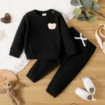 2pcs Baby Boy Cartoon Bear Detail Solid Textured Long-sleeve Pullover Sweatshirt and Sweatpants Set Black