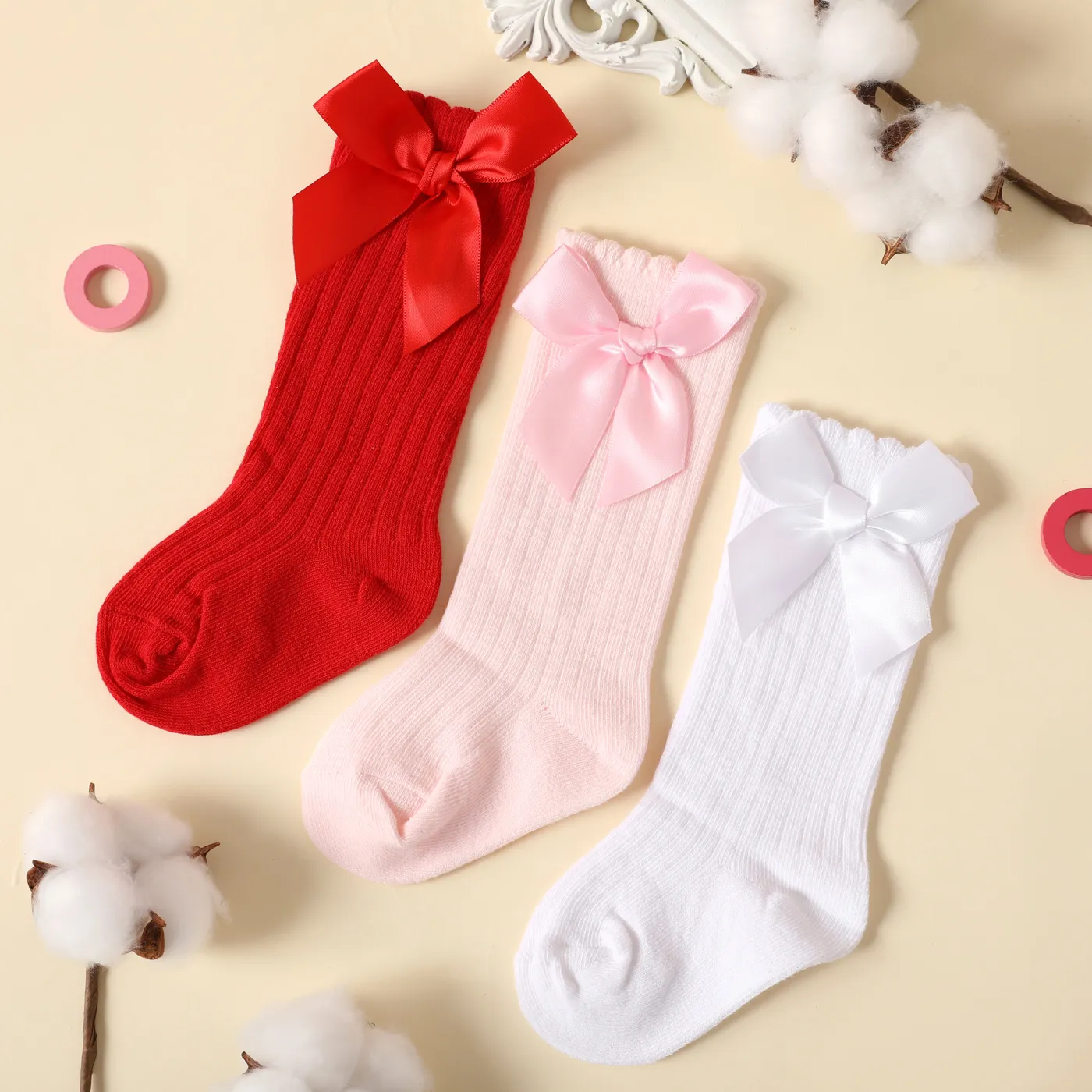 3 pares de calcetines acanalados lisos con decoración de lazo para bebés y niños pequeños