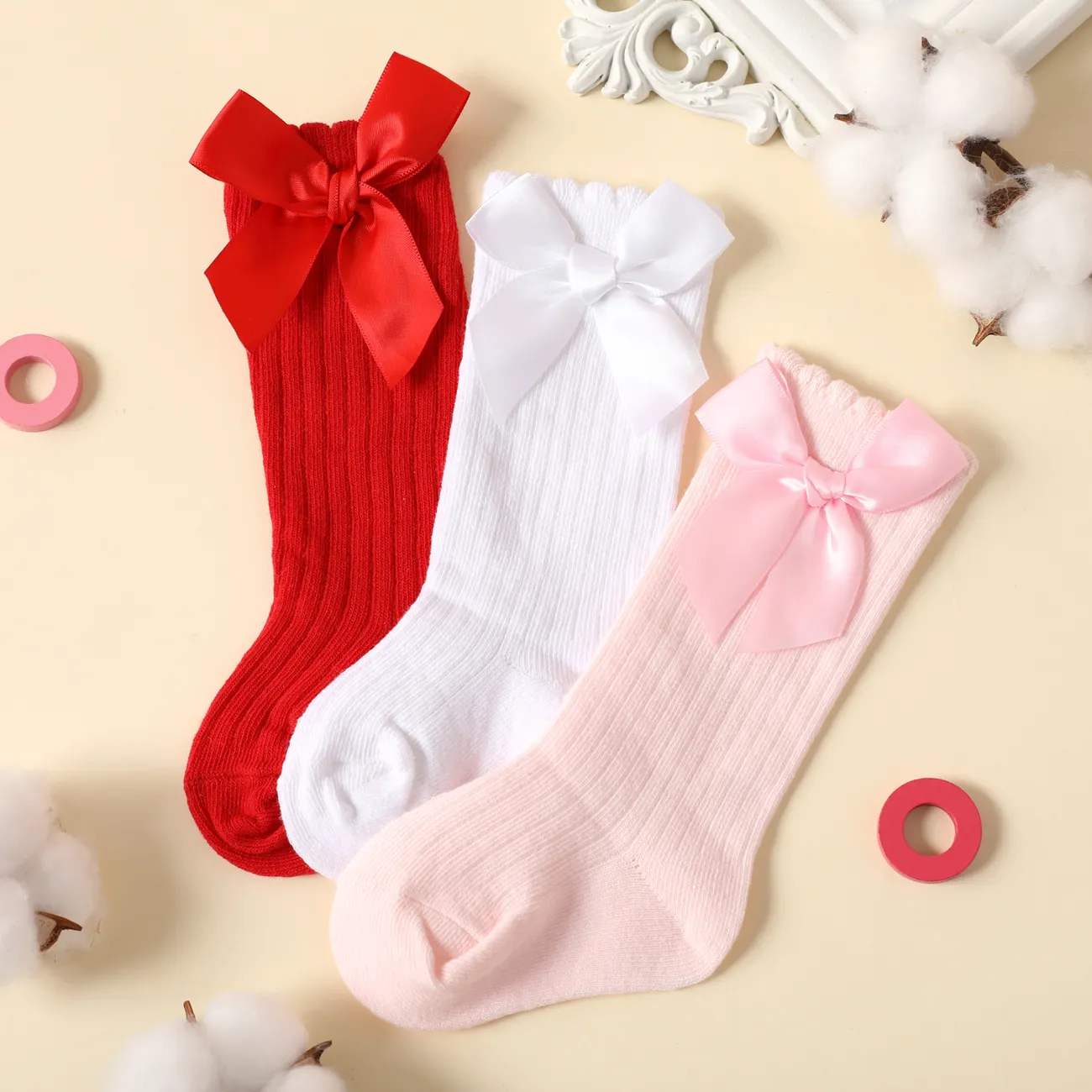 3 pares de calcetines acanalados lisos con decoración de lazo para bebés y niños pequeños Multicolor big image 1