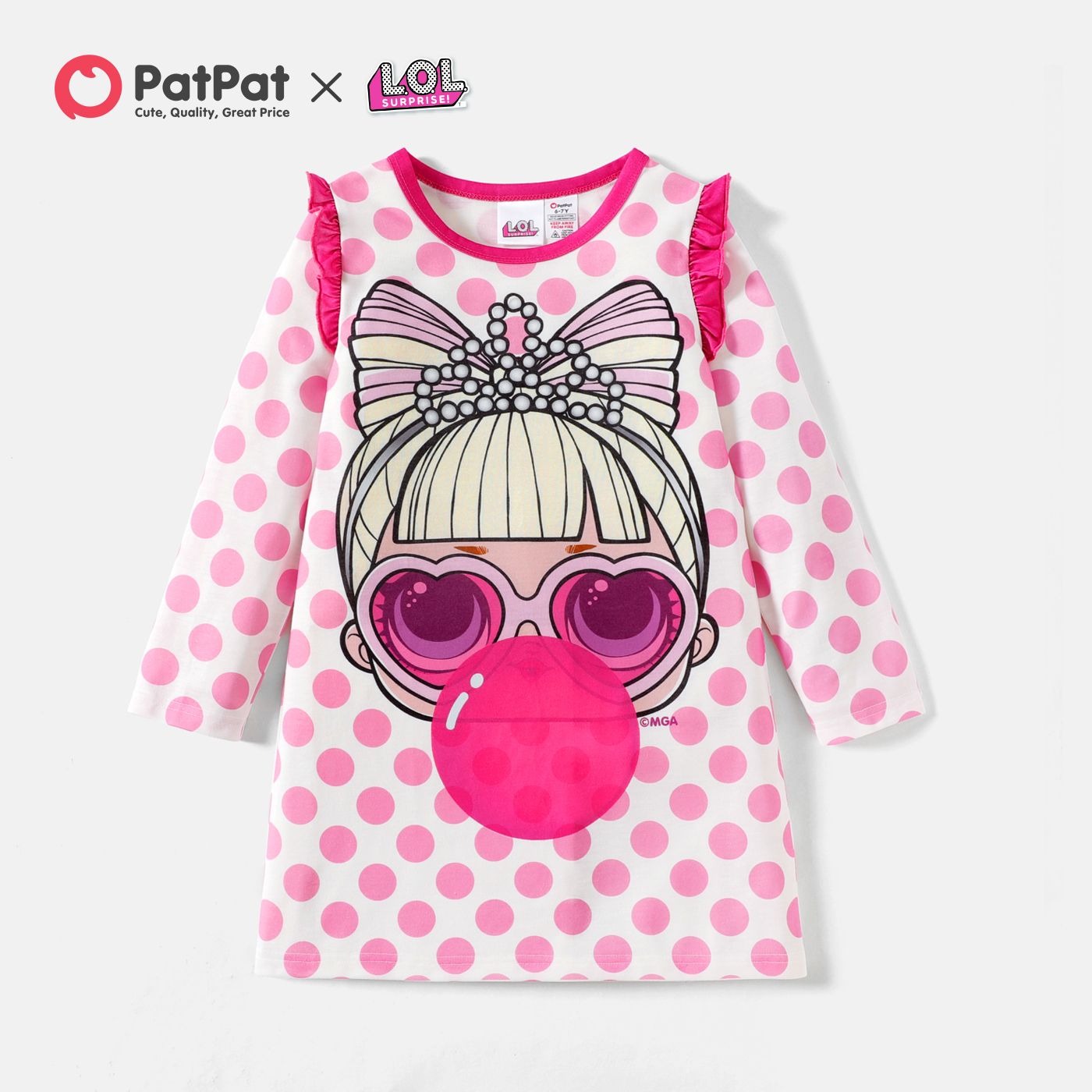 

L.O.L. SURPRISE! Kid Girl Characters Print Polka dots Ruffled Long-sleeve Nightdress Sleepwear