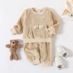 2pcs Baby Boy Stuffed Bear Detail Long-sleeve Fuzzy Top and Pants Set lighttan