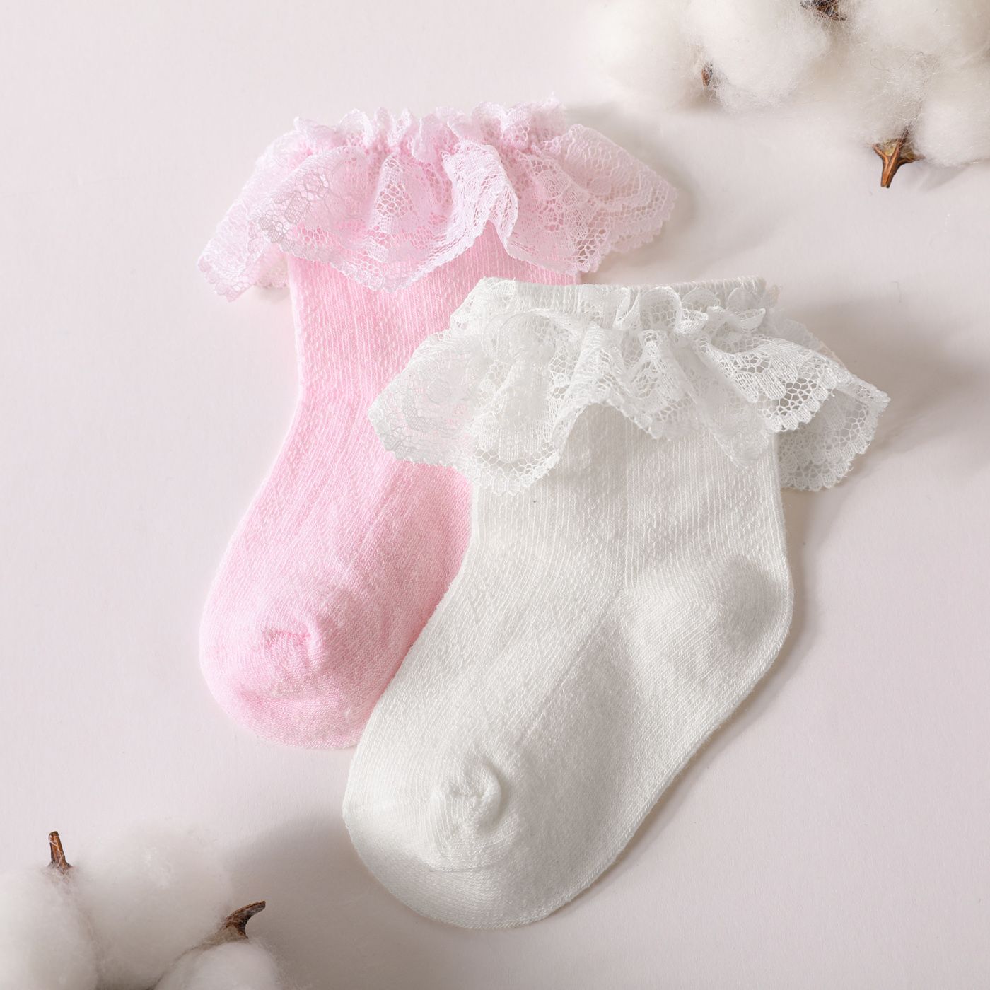 

2-pairs Baby / Toddler Lace Trim Plain Socks