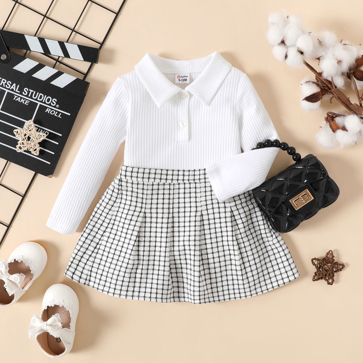 

2pcs Baby Girl Polo Neck Long-sleeve Rib Knit Top and Grid Skirt Set