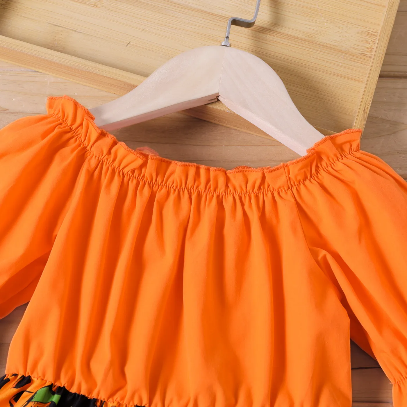 Toddler Girl Halloween Graphic Ruffled Off Shoulder Long-sleeve Splice Dress Orange image 3
