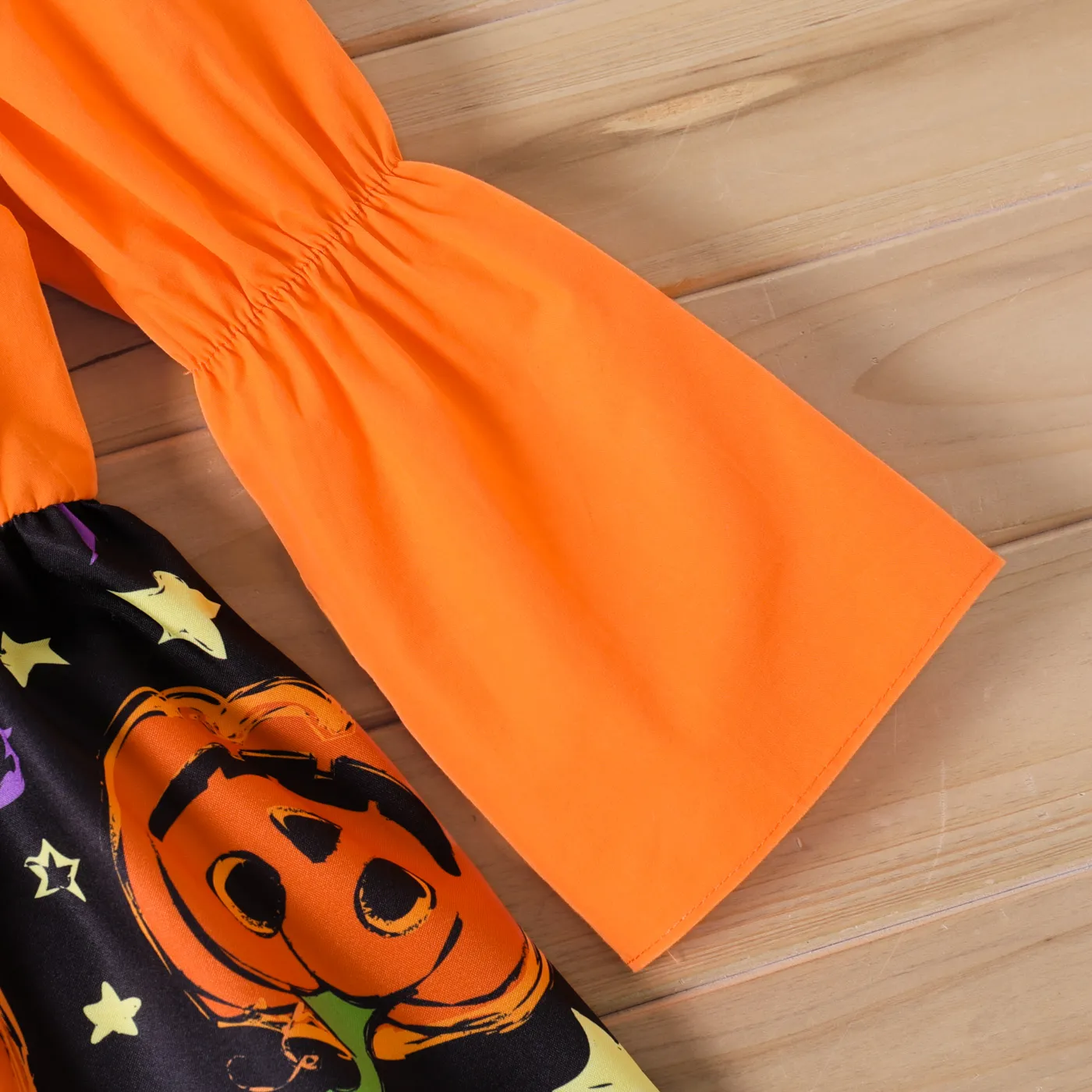 Toddler Girl Halloween Graphic Ruffled Off Shoulder Long-sleeve Splice Dress Orange image 4