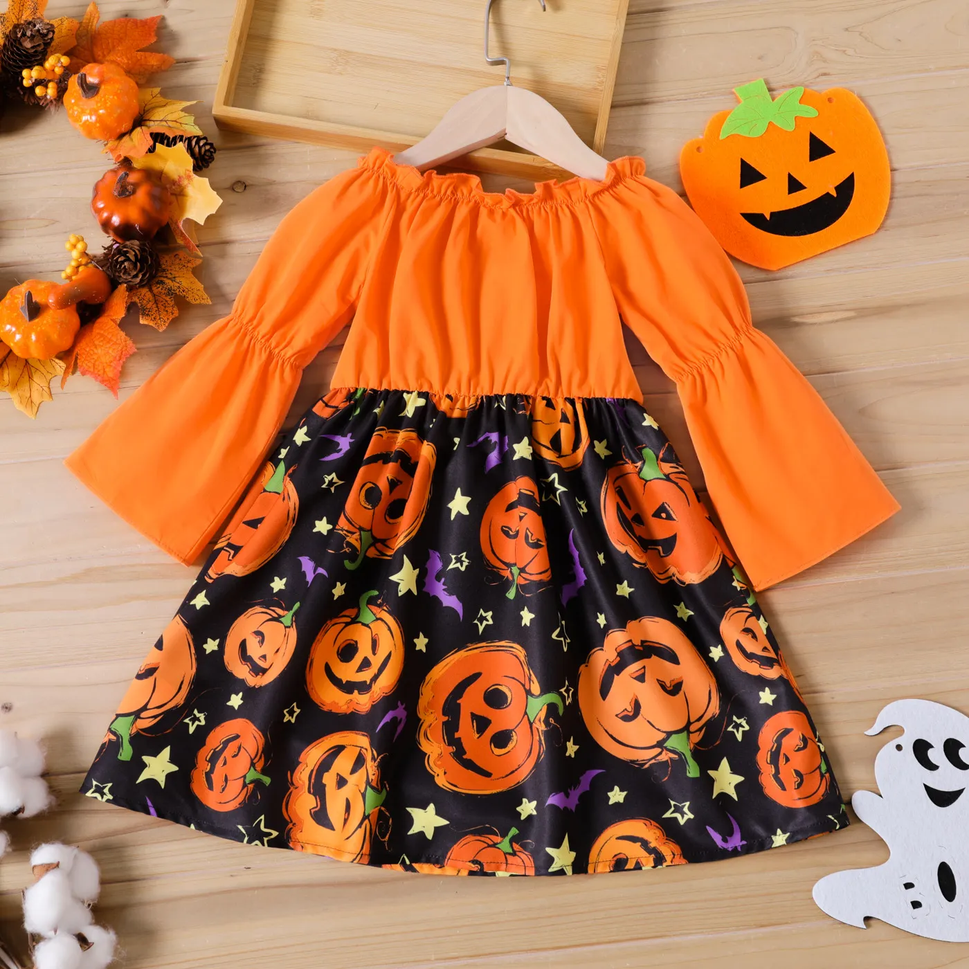 Toddler Girl Halloween Graphic Ruffled Off Shoulder Long-sleeve Splice Dress Orange image 2