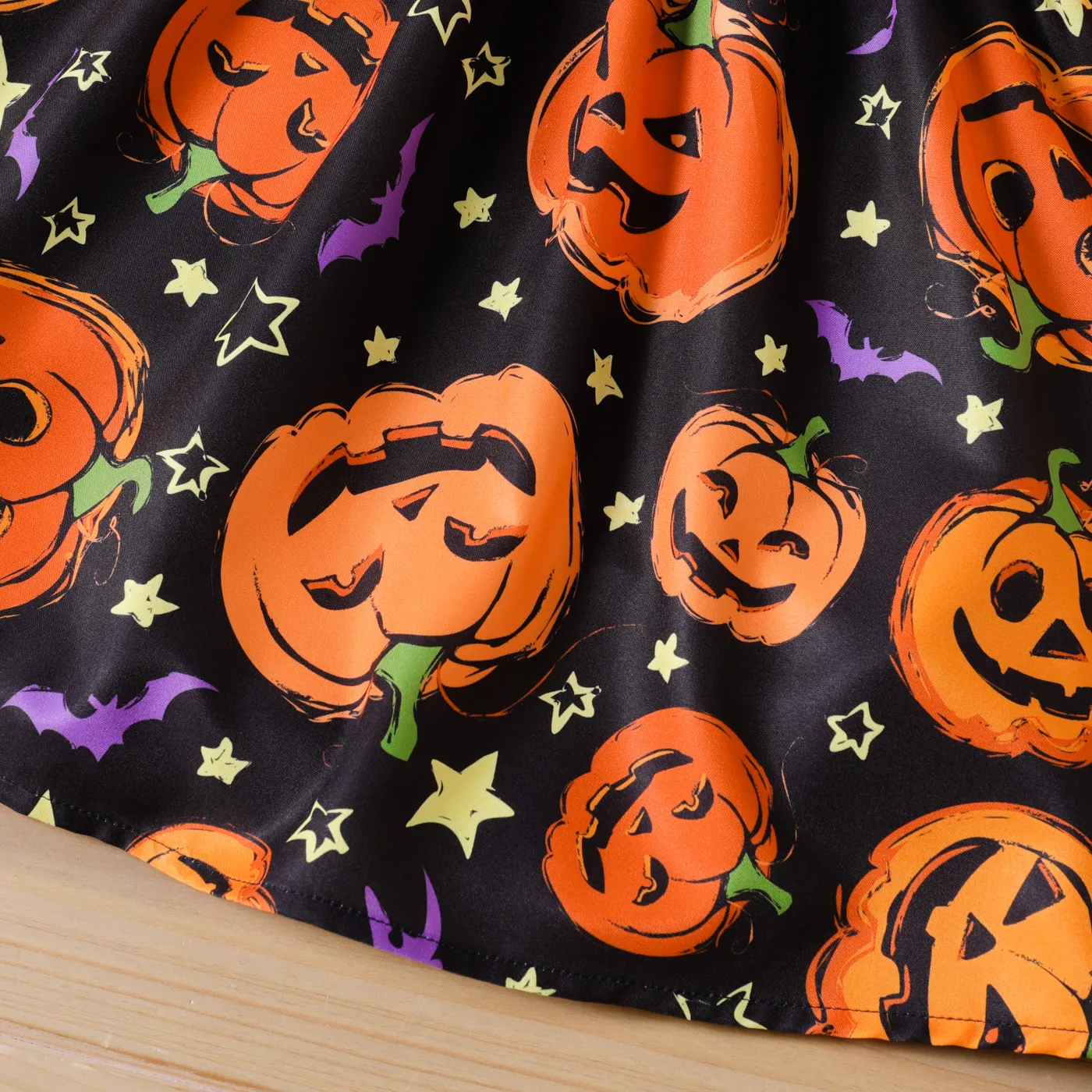 Toddler Girl Halloween Graphic Ruffled Off Shoulder Long-sleeve Splice Dress Orange image 5