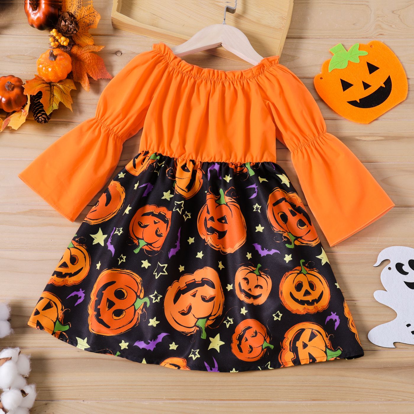 Toddler Girl Halloween Graphic Ruffled Off Shoulder Long-sleeve Splice Dress