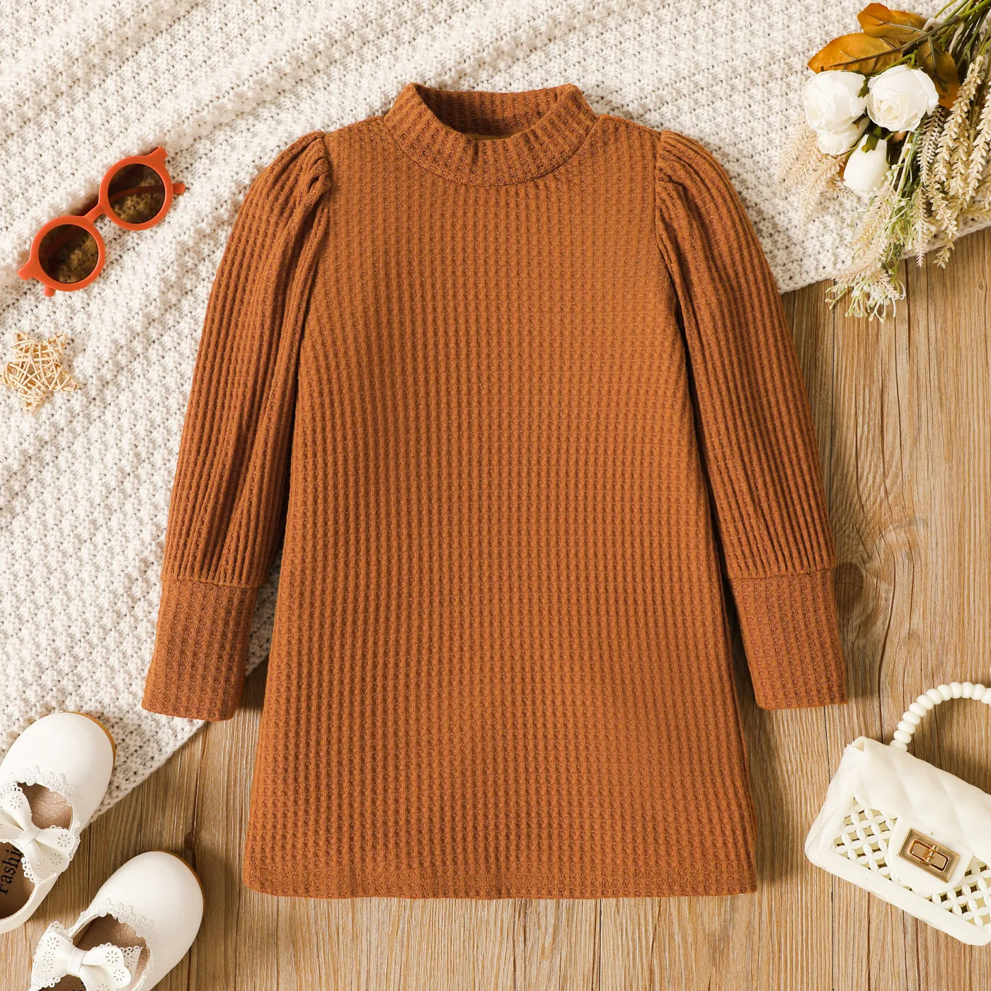 Toddler Girl Solid Color Mock Neck Waffle Long Puff-sleeve Dress