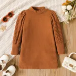 Toddler Girl Solid Color Mock Neck Waffle Long Puff-sleeve Dress Brown