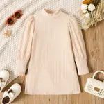 Toddler Girl Solid Color Mock Neck Waffle Long Puff-sleeve Dress Apricot