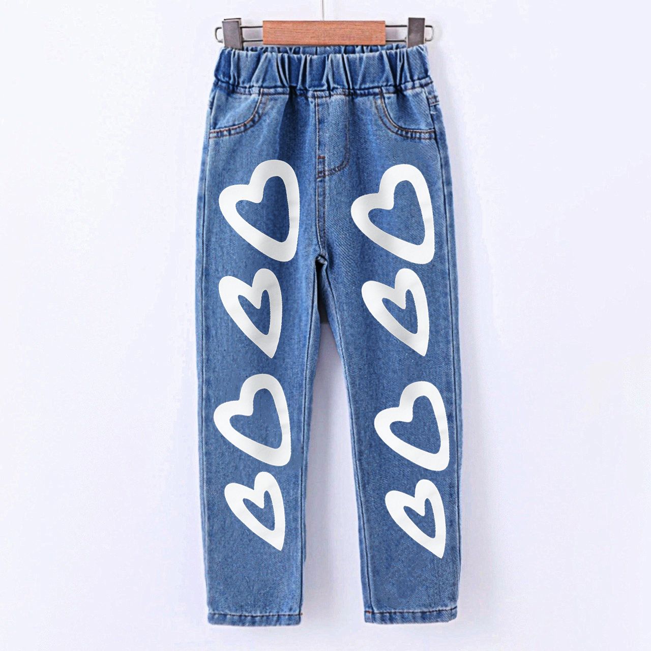 

Kid Girl Heart Print Straight Blue Denim Jeans
