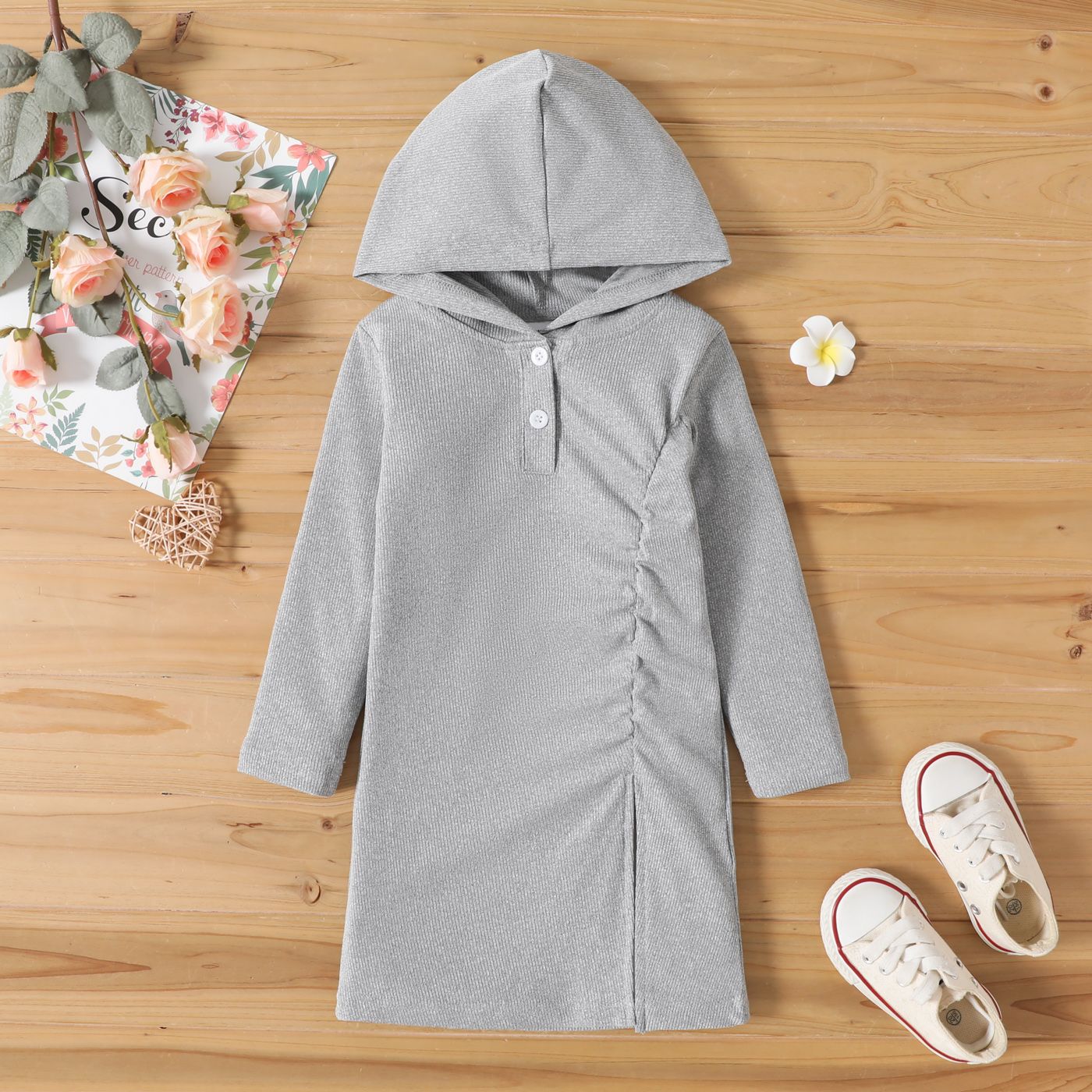 

Toddler Girl Solid Color Button Design Ruched Long-sleeve Hooded Dress