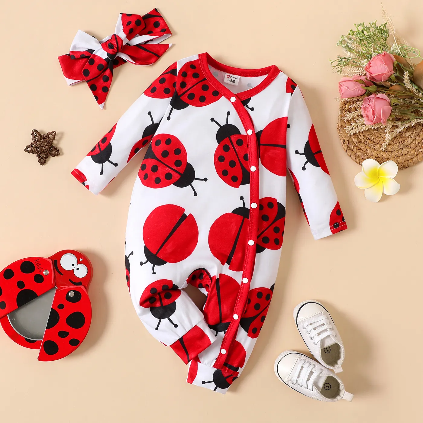 

2pcs Baby Girl Allover Red Ladybug Print Long-sleeve Snap Jumpsuit with Headband Set