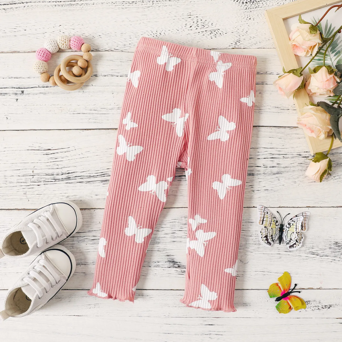 Baby Girl 95% Cotton Rib Knit Allover Butterfly Print Pants Leggings Pink big image 1