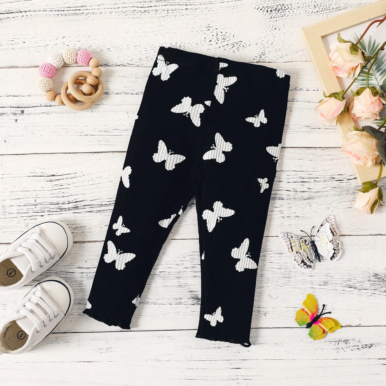 Baby Girl 95% Cotton Rib Knit Allover Butterfly Print Pants Leggings Black big image 1