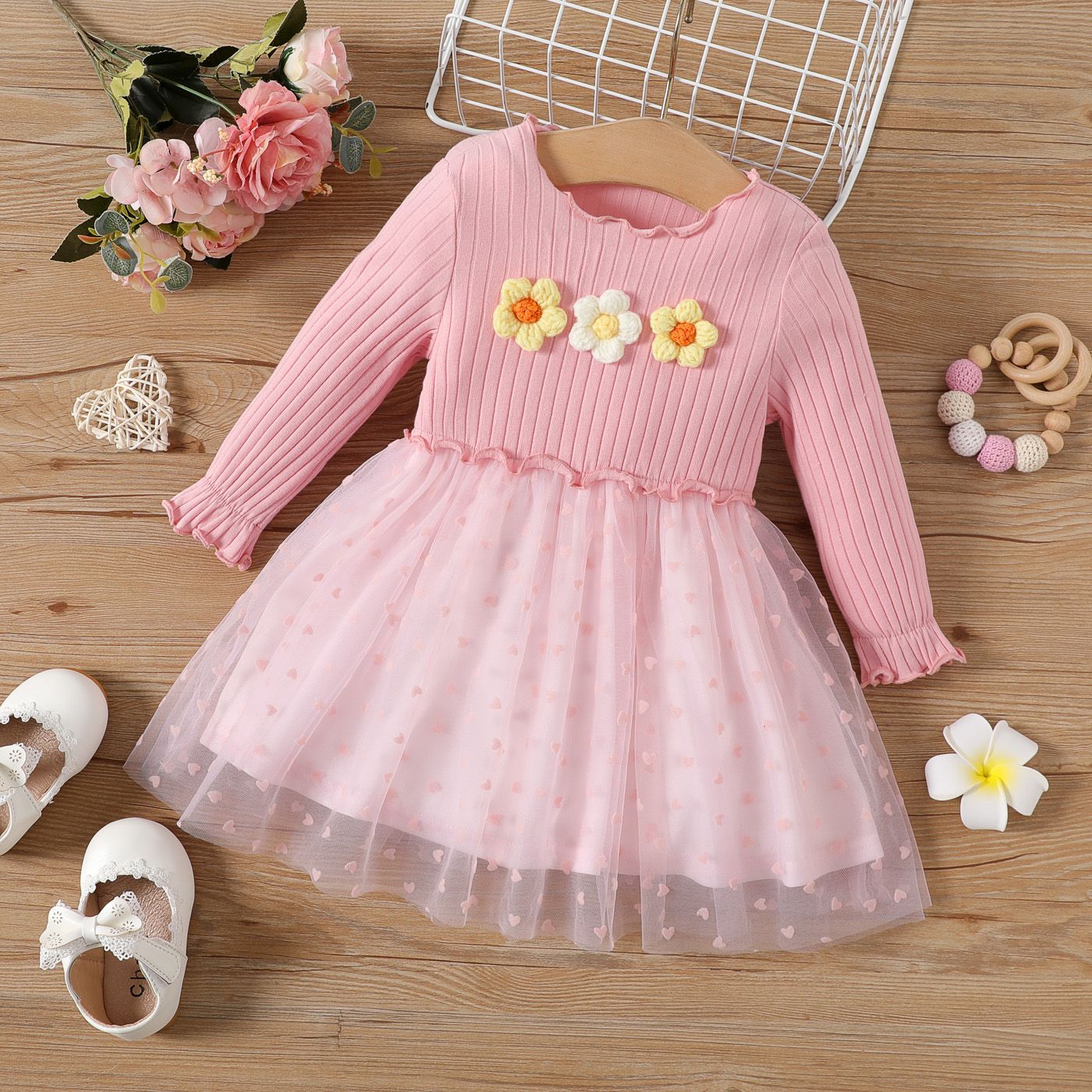 

Baby Girl 3D Knitted Flower Decor Long-sleeve Rib Knit Spliced Love Heart Mesh Dress