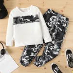2pcs Kid Boy Letter Camouflage Print Pullover Sweatshirt and Pants Set OffWhite
