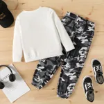2pcs Kid Boy Letter Camouflage Print Pullover Sweatshirt and Pants Set OffWhite image 6