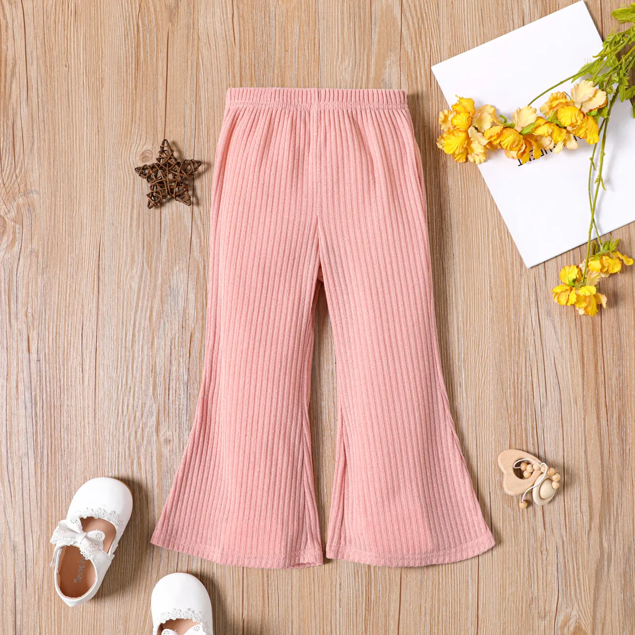 Toddler Girl Sweet Solid Color Ribbed Flared Pants Pink big image 1