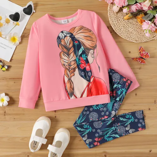 2pcs Kid Girl Figure Print Pink Sweatshirt and Floral Print Leggings Set
