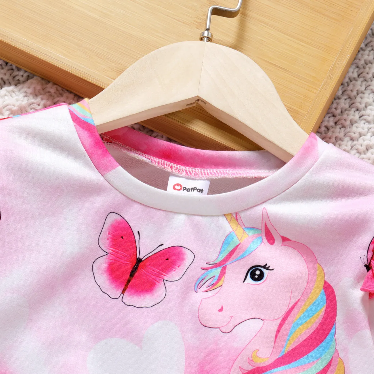 Toddler Girl Animal Unicorn Butterfly Print Ruffled Pink Pullover Sweat Pink big image 1