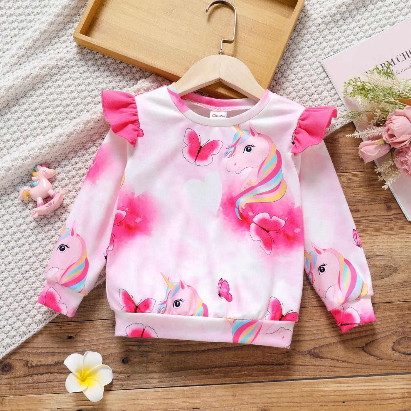 Toddler Girl Animal Unicorn Butterfly Print Ruffled Pink Pullover Sweat Pink big image 1