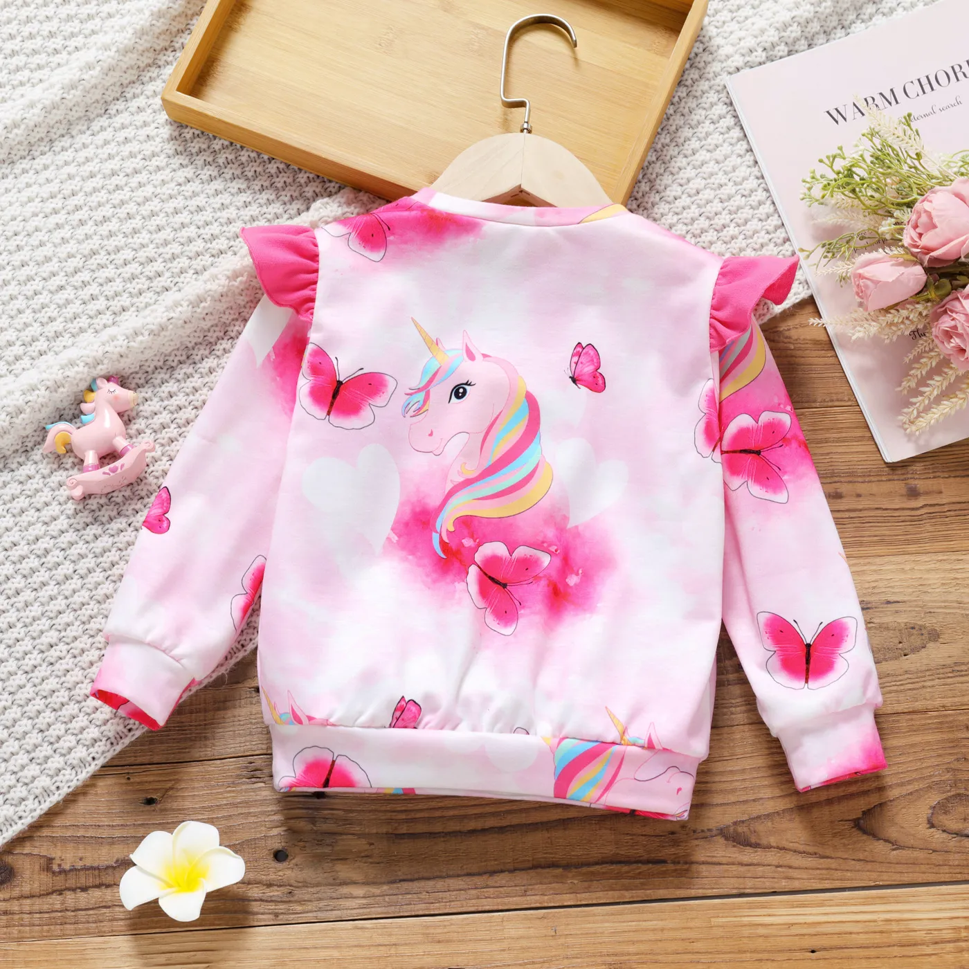 Toddler Girl Animal Unicorn Butterfly Print Ruffled Pink Pullover Sweat Pink image 2