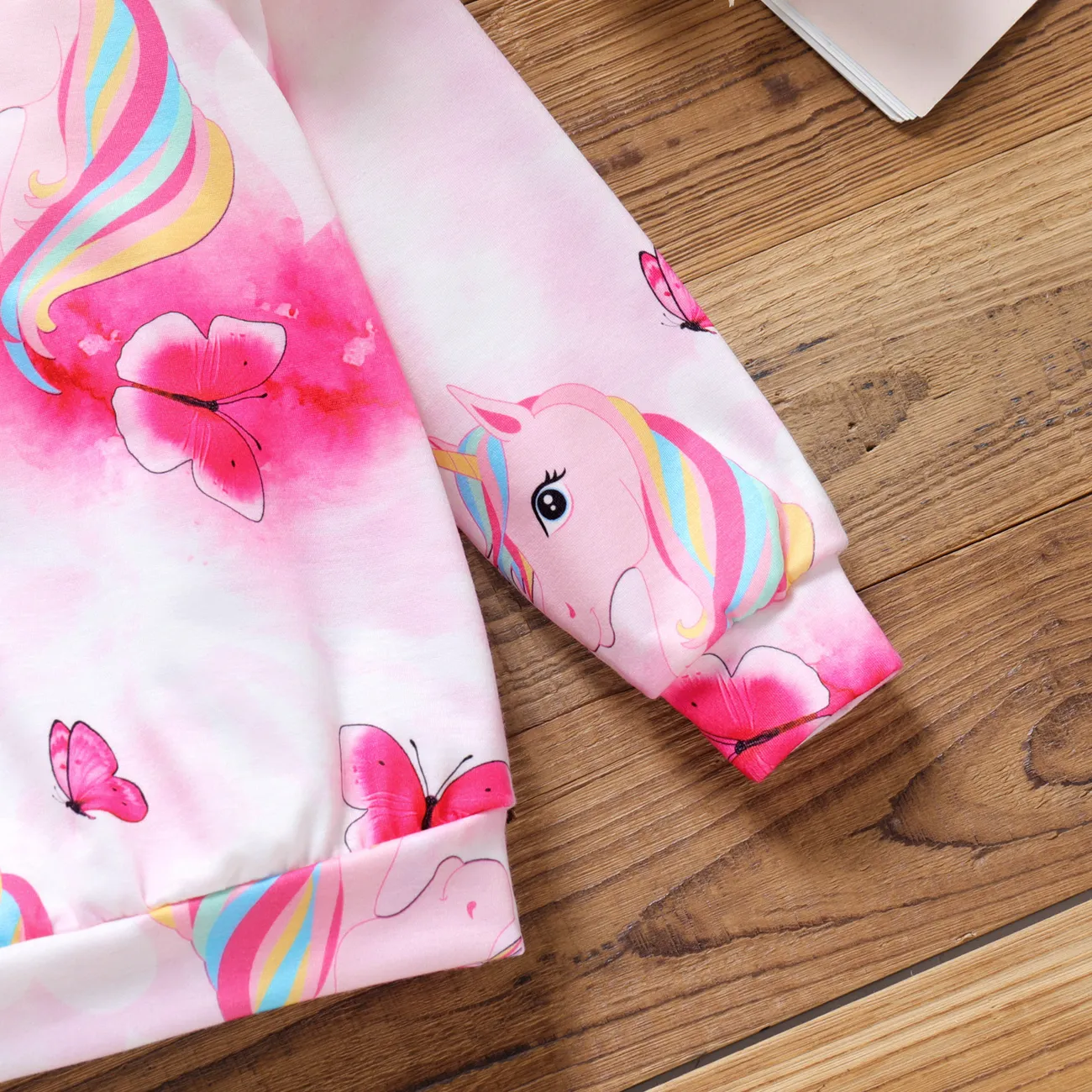 Toddler Girl Animal Unicorn Butterfly Print Ruffled Pink Pullover Sweat Pink big image 1