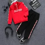 2pcs Kid Boy Letter Print Zipper Design Red Sweatshirt and Elasticized Pants Set Red image 6