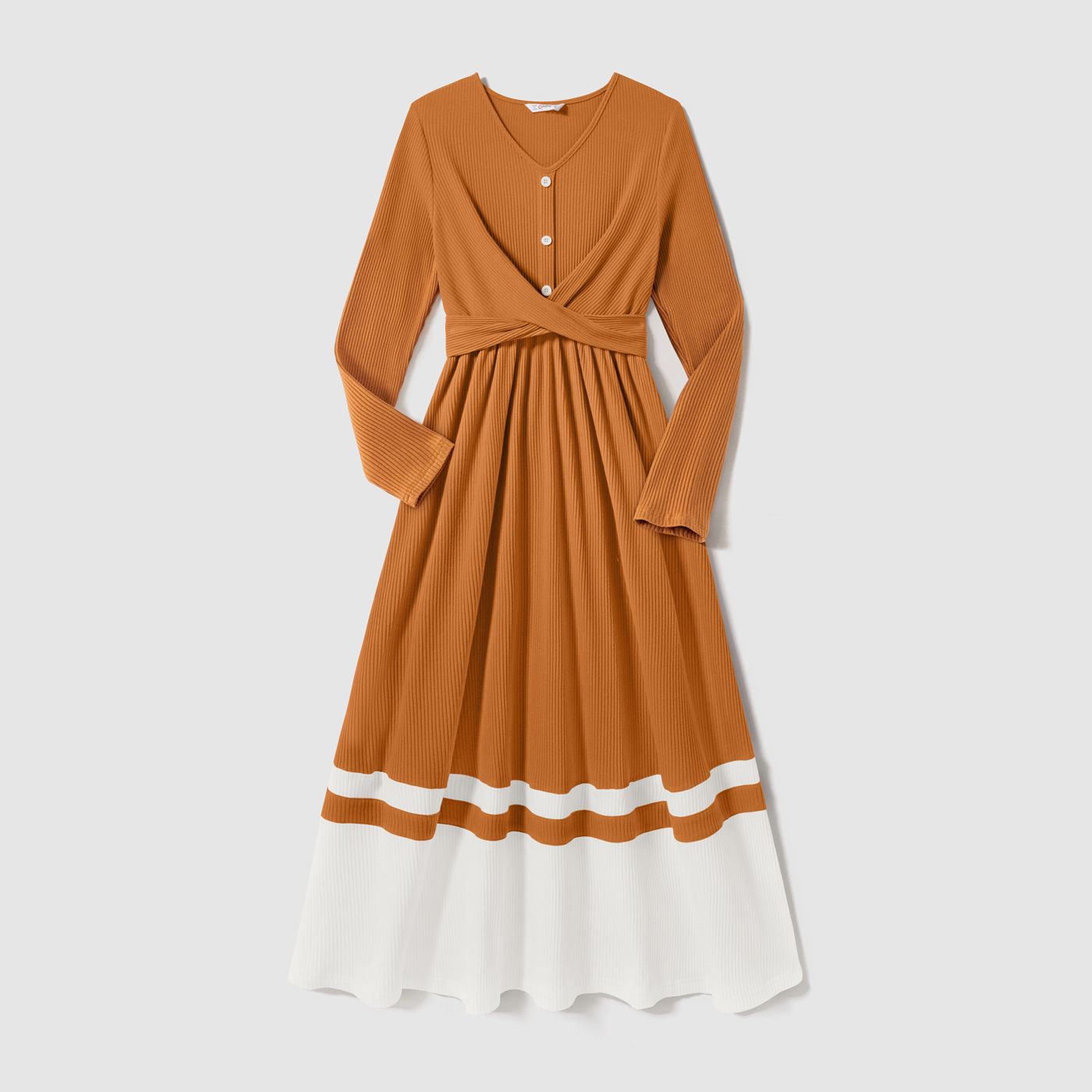 Family Matching Long-sleeve V Neck Button Front Colorblock Rib Knit Midi Dresses And Tops Sets