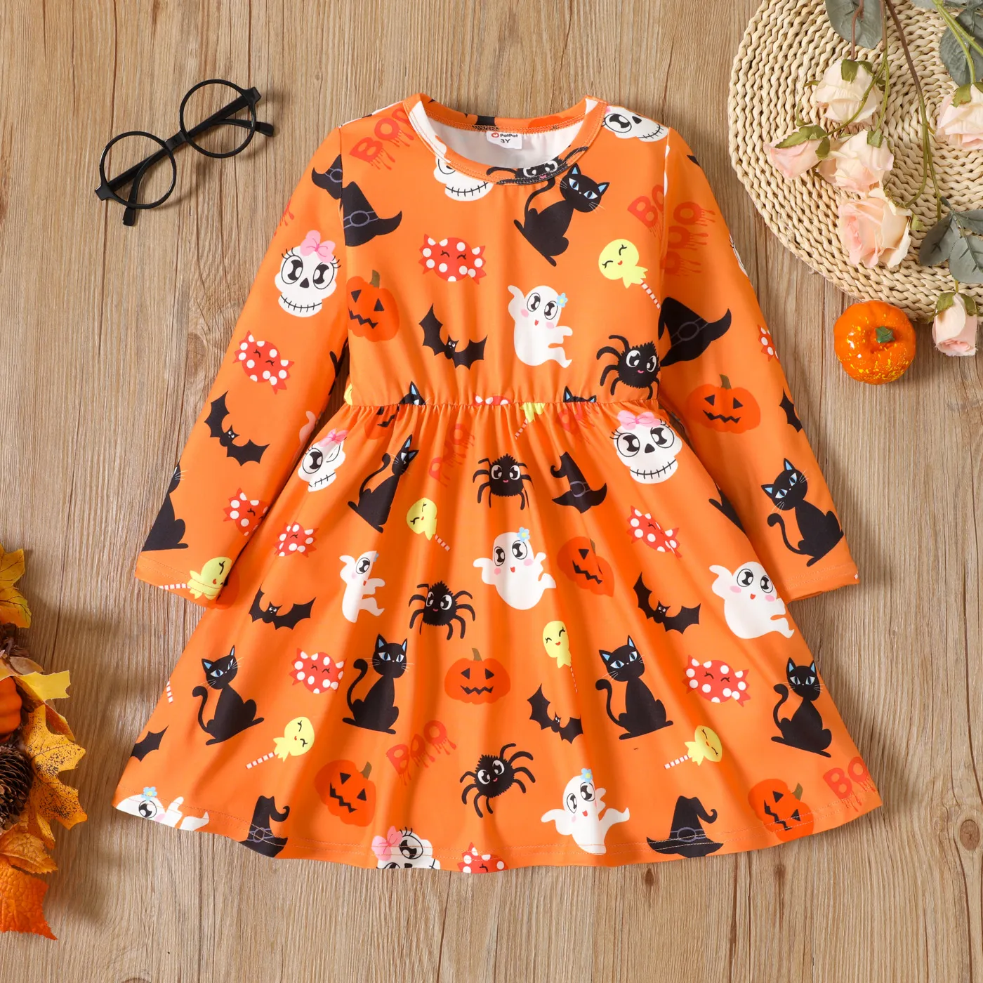 Toddler Girl Halloween Ghost Print Long-sleeve Dress Orange