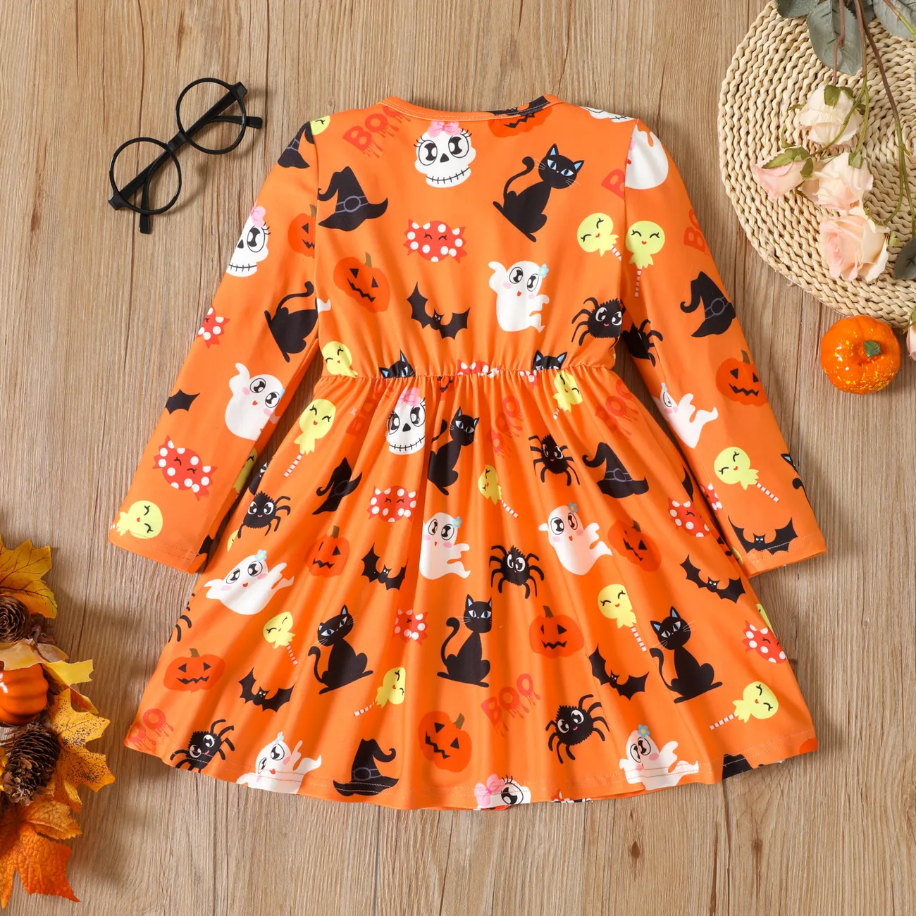 Toddler Girl Halloween Ghost Print Long-sleeve Dress Orange big image 1